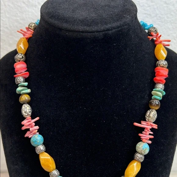 Gorgeous Coral, Turquoise and 925 Necklace with Tigers Eye Stone Pendant